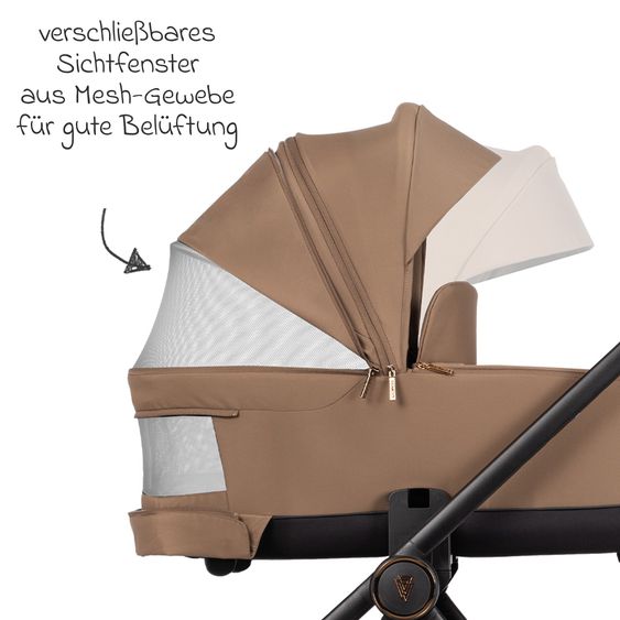 Venicci 2in1 Kombi-Kinderwagen Claro bis 22 kg mit Babywanne, Sportsitz, Teleskopschieber, Liegeposition inkl. Regenschutz, Beindecke & Wickeltasche mit Wickeunterlage - Caramel