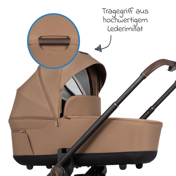 Venicci 2in1 Kombi-Kinderwagen Claro bis 22 kg mit Babywanne, Sportsitz, Teleskopschieber, Liegeposition inkl. Regenschutz, Beindecke & Wickeltasche mit Wickeunterlage - Caramel