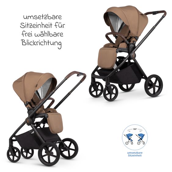 Venicci 2in1 Kombi-Kinderwagen Claro bis 22 kg mit Babywanne, Sportsitz, Teleskopschieber, Liegeposition inkl. Regenschutz, Beindecke & Wickeltasche mit Wickeunterlage - Caramel