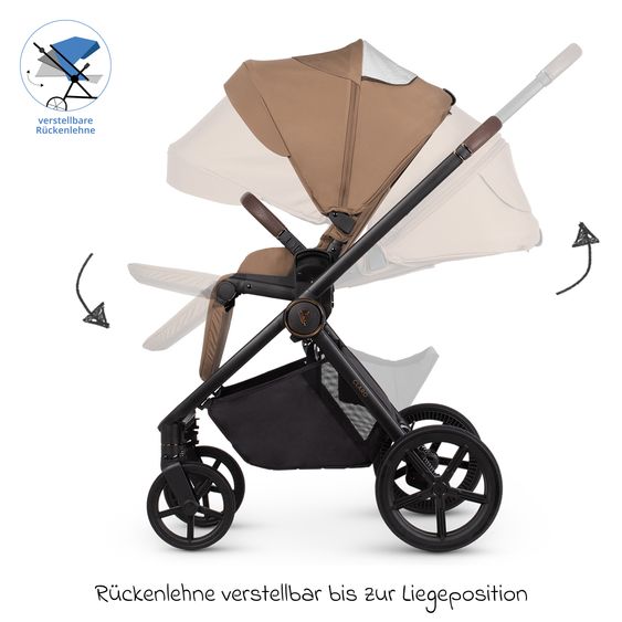 Venicci 2in1 Kombi-Kinderwagen Claro bis 22 kg mit Babywanne, Sportsitz, Teleskopschieber, Liegeposition inkl. Regenschutz, Beindecke & Wickeltasche mit Wickeunterlage - Caramel