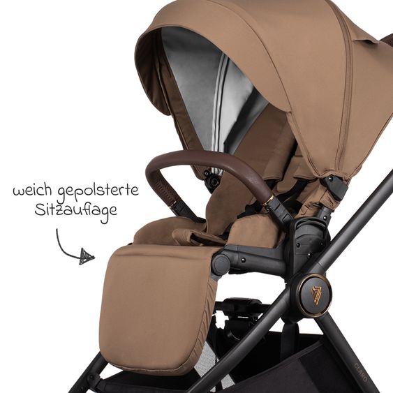 Venicci 2in1 Kombi-Kinderwagen Claro bis 22 kg mit Babywanne, Sportsitz, Teleskopschieber, Liegeposition inkl. Regenschutz, Beindecke & Wickeltasche mit Wickeunterlage - Caramel