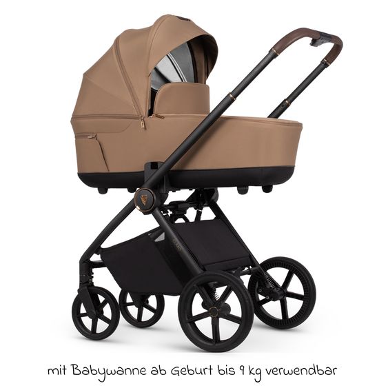 Venicci 2in1 Kombi-Kinderwagen Claro bis 22 kg mit Babywanne, Sportsitz, Teleskopschieber, Liegeposition inkl. Regenschutz, Beindecke & Wickeltasche mit Wickeunterlage - Caramel