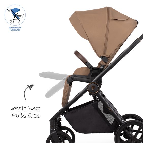 Venicci 2in1 Kombi-Kinderwagen Claro bis 22 kg mit Babywanne, Sportsitz, Teleskopschieber, Liegeposition inkl. Regenschutz, Beindecke & Wickeltasche mit Wickeunterlage - Caramel