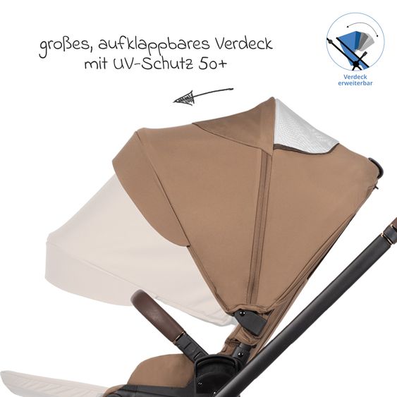 Venicci 2in1 Kombi-Kinderwagen Claro bis 22 kg mit Babywanne, Sportsitz, Teleskopschieber, Liegeposition inkl. Regenschutz, Beindecke & Wickeltasche mit Wickeunterlage - Caramel