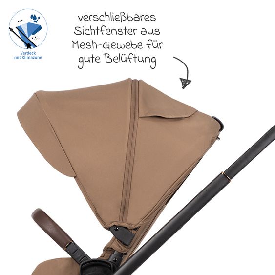 Venicci 2in1 Kombi-Kinderwagen Claro bis 22 kg mit Babywanne, Sportsitz, Teleskopschieber, Liegeposition inkl. Regenschutz, Beindecke & Wickeltasche mit Wickeunterlage - Caramel