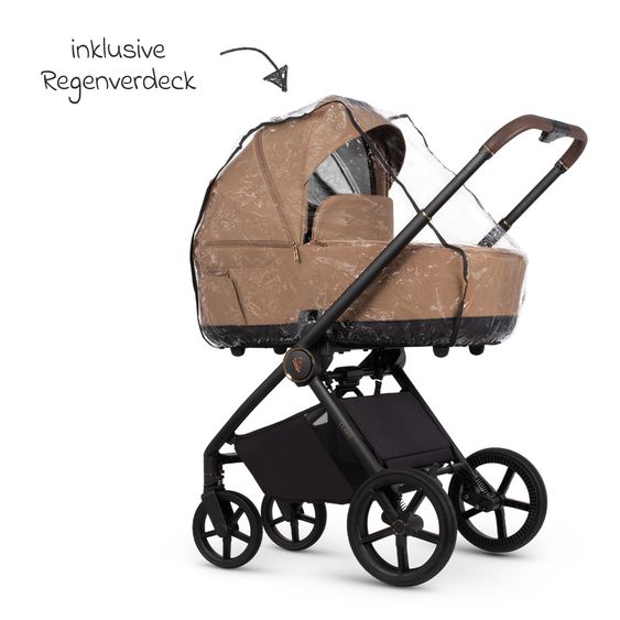 Venicci 2in1 Kombi-Kinderwagen Claro bis 22 kg mit Babywanne, Sportsitz, Teleskopschieber, Liegeposition inkl. Regenschutz, Beindecke & Wickeltasche mit Wickeunterlage - Caramel