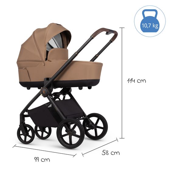 Venicci 2in1 Kombi-Kinderwagen Claro bis 22 kg mit Babywanne, Sportsitz, Teleskopschieber, Liegeposition inkl. Regenschutz, Beindecke & Wickeltasche mit Wickeunterlage - Caramel