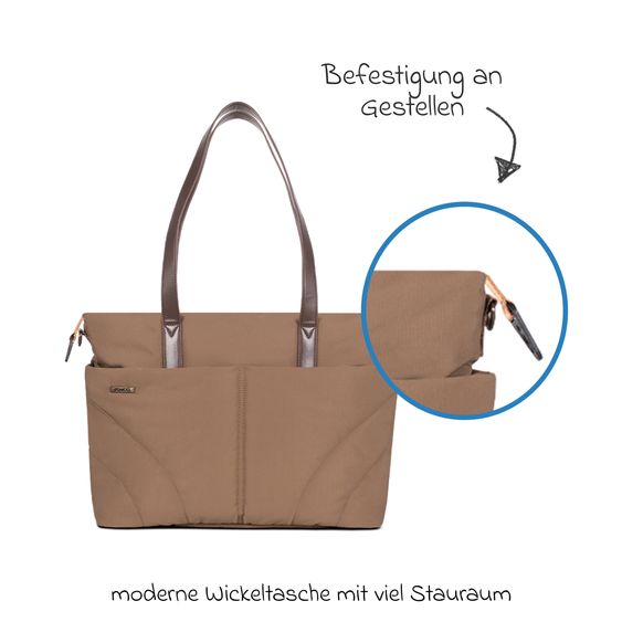 Venicci 2in1 Kombi-Kinderwagen Claro bis 22 kg mit Babywanne, Sportsitz, Teleskopschieber, Liegeposition inkl. Regenschutz, Beindecke & Wickeltasche mit Wickeunterlage - Caramel