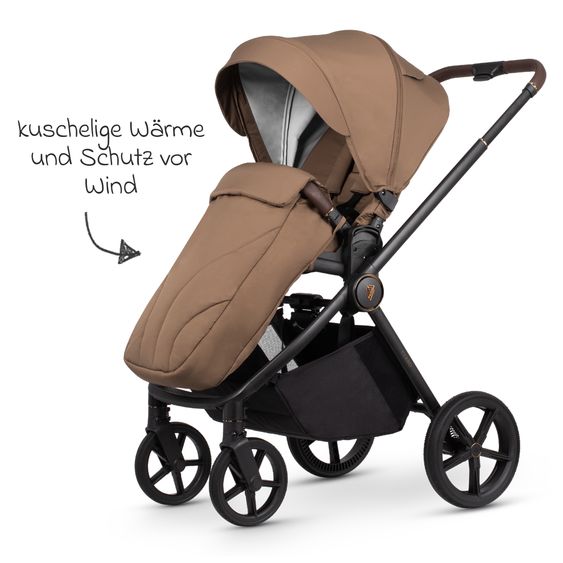 Venicci 2in1 Kombi-Kinderwagen Claro bis 22 kg mit Babywanne, Sportsitz, Teleskopschieber, Liegeposition inkl. Regenschutz, Beindecke & Wickeltasche mit Wickeunterlage - Caramel