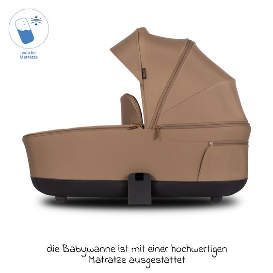 Venicci 2in1 Kombi-Kinderwagen Claro bis 22 kg mit Babywanne, Sportsitz, Teleskopschieber, Liegeposition inkl. Regenschutz, Beindecke & Wickeltasche mit Wickeunterlage - Caramel