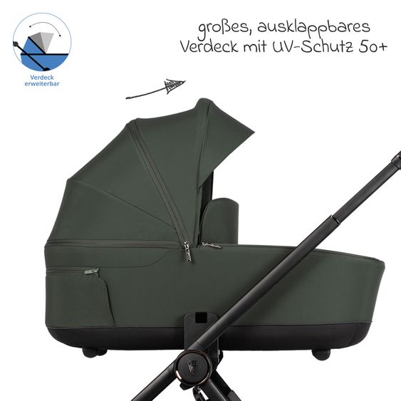 Venicci 2in1 Kombi-Kinderwagen Claro bis 22 kg mit Babywanne, Sportsitz, Teleskopschieber, Liegeposition inkl. Regenschutz, Beindecke & Wickeltasche mit Wickeunterlage - Forest