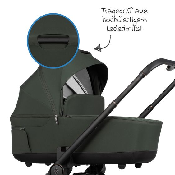 Venicci 2in1 Kombi-Kinderwagen Claro bis 22 kg mit Babywanne, Sportsitz, Teleskopschieber, Liegeposition inkl. Regenschutz, Beindecke & Wickeltasche mit Wickeunterlage - Forest