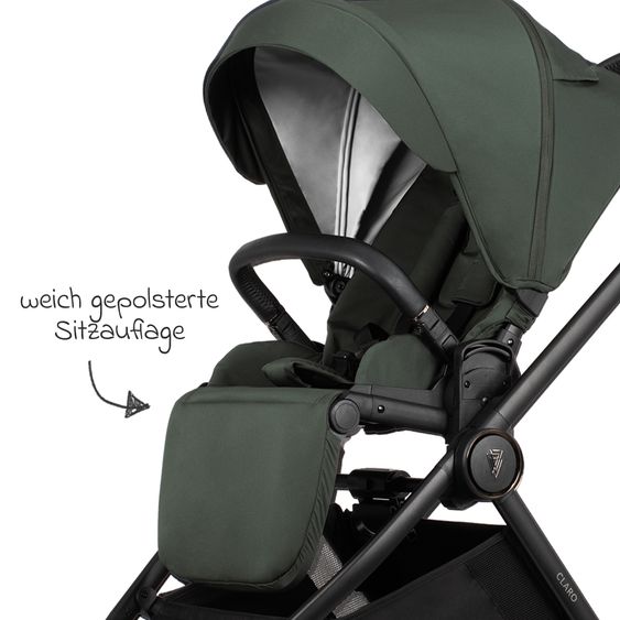 Venicci 2in1 Kombi-Kinderwagen Claro bis 22 kg mit Babywanne, Sportsitz, Teleskopschieber, Liegeposition inkl. Regenschutz, Beindecke & Wickeltasche mit Wickeunterlage - Forest