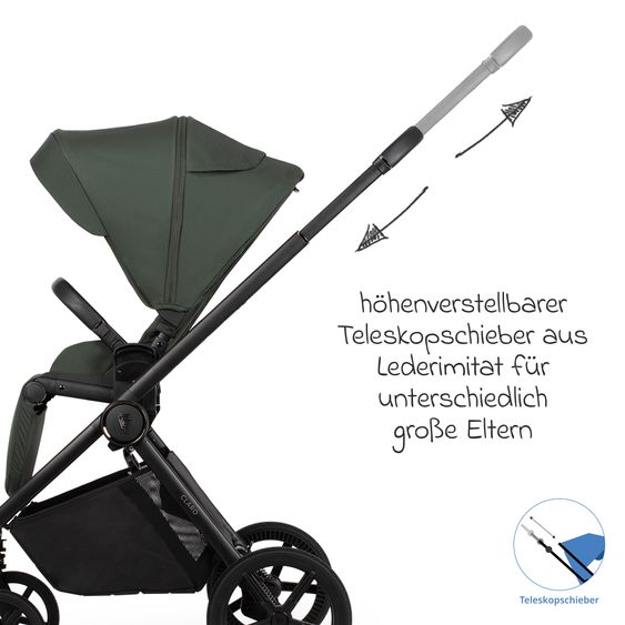 Venicci 2in1 Kombi-Kinderwagen Claro bis 22 kg mit Babywanne, Sportsitz, Teleskopschieber, Liegeposition inkl. Regenschutz, Beindecke & Wickeltasche mit Wickeunterlage - Forest