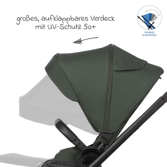 Venicci 2in1 Kombi-Kinderwagen Claro bis 22 kg mit Babywanne, Sportsitz, Teleskopschieber, Liegeposition inkl. Regenschutz, Beindecke & Wickeltasche mit Wickeunterlage - Forest