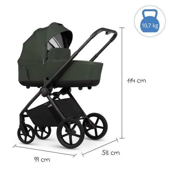 Venicci 2in1 Kombi-Kinderwagen Claro bis 22 kg mit Babywanne, Sportsitz, Teleskopschieber, Liegeposition inkl. Regenschutz, Beindecke & Wickeltasche mit Wickeunterlage - Forest