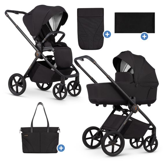 Venicci 2in1 Kombi-Kinderwagen Claro bis 22 kg mit Babywanne, Sportsitz, Teleskopschieber, Liegeposition inkl. Regenschutz, Beindecke & Wickeltasche mit Wickeunterlage - Noir