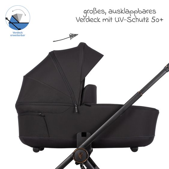 Venicci 2in1 Kombi-Kinderwagen Claro bis 22 kg mit Babywanne, Sportsitz, Teleskopschieber, Liegeposition inkl. Regenschutz, Beindecke & Wickeltasche mit Wickeunterlage - Noir