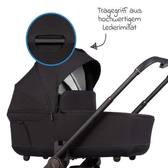 Venicci 2in1 Kombi-Kinderwagen Claro bis 22 kg mit Babywanne, Sportsitz, Teleskopschieber, Liegeposition inkl. Regenschutz, Beindecke & Wickeltasche mit Wickeunterlage - Noir