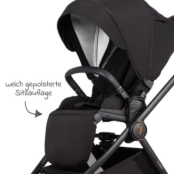 Venicci 2in1 Kombi-Kinderwagen Claro bis 22 kg mit Babywanne, Sportsitz, Teleskopschieber, Liegeposition inkl. Regenschutz, Beindecke & Wickeltasche mit Wickeunterlage - Noir