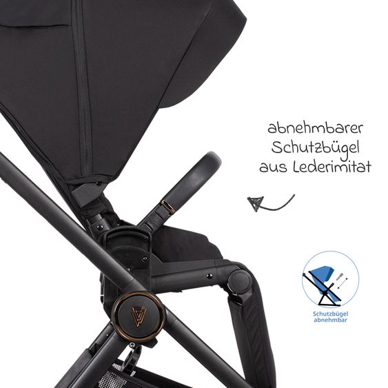 Venicci 2in1 Kombi-Kinderwagen Claro bis 22 kg mit Babywanne, Sportsitz, Teleskopschieber, Liegeposition inkl. Regenschutz, Beindecke & Wickeltasche mit Wickeunterlage - Noir