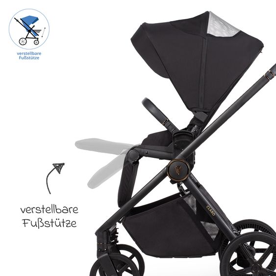 Venicci 2in1 Kombi-Kinderwagen Claro bis 22 kg mit Babywanne, Sportsitz, Teleskopschieber, Liegeposition inkl. Regenschutz, Beindecke & Wickeltasche mit Wickeunterlage - Noir