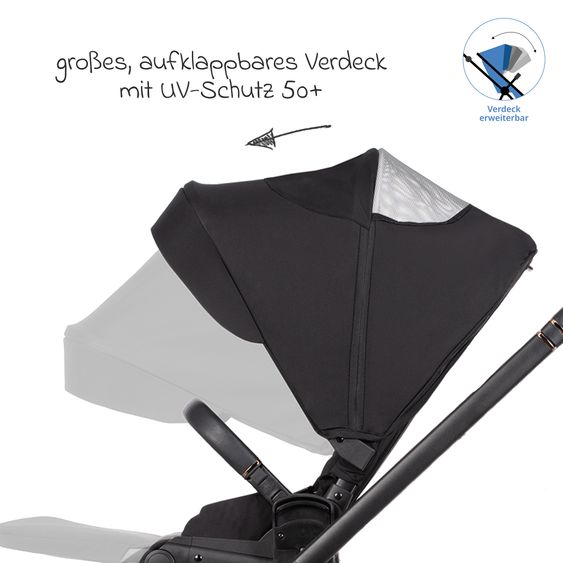 Venicci 2in1 Kombi-Kinderwagen Claro bis 22 kg mit Babywanne, Sportsitz, Teleskopschieber, Liegeposition inkl. Regenschutz, Beindecke & Wickeltasche mit Wickeunterlage - Noir