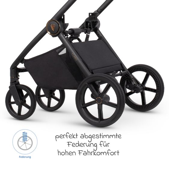 Venicci 2in1 Kombi-Kinderwagen Claro bis 22 kg mit Babywanne, Sportsitz, Teleskopschieber, Liegeposition inkl. Regenschutz, Beindecke & Wickeltasche mit Wickeunterlage - Noir