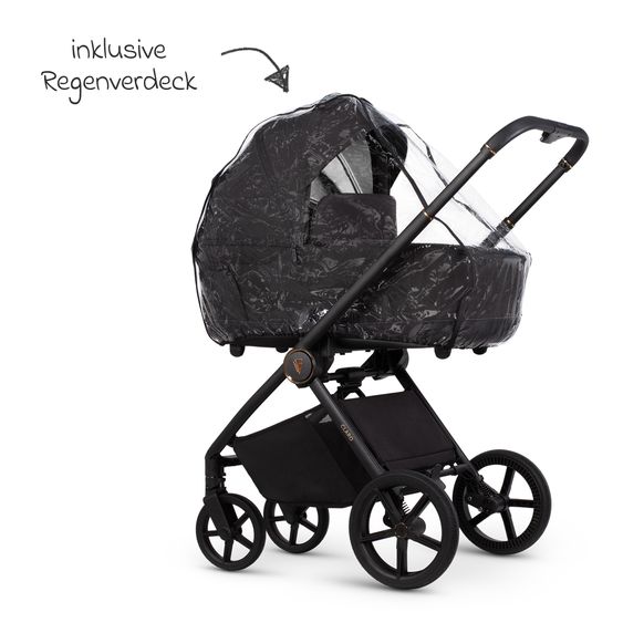 Venicci 2in1 Kombi-Kinderwagen Claro bis 22 kg mit Babywanne, Sportsitz, Teleskopschieber, Liegeposition inkl. Regenschutz, Beindecke & Wickeltasche mit Wickeunterlage - Noir