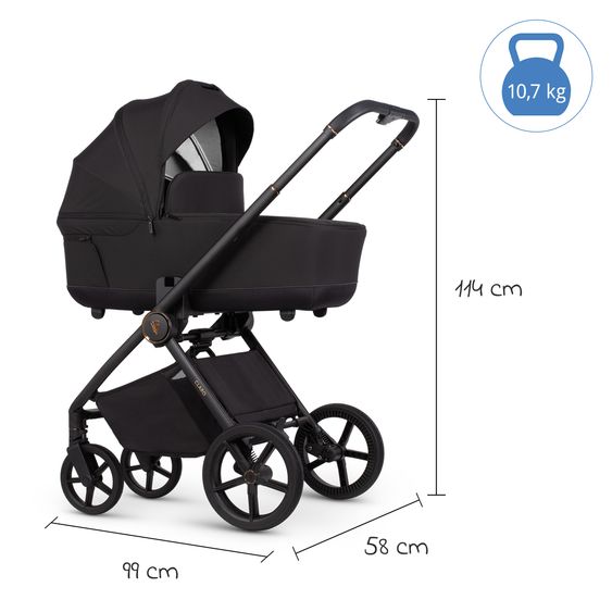 Venicci 2in1 Kombi-Kinderwagen Claro bis 22 kg mit Babywanne, Sportsitz, Teleskopschieber, Liegeposition inkl. Regenschutz, Beindecke & Wickeltasche mit Wickeunterlage - Noir