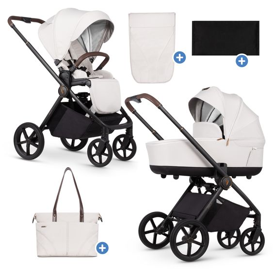 Venicci 2in1 Kombi-Kinderwagen Claro bis 22 kg mit Babywanne, Sportsitz, Teleskopschieber, Liegeposition inkl. Regenschutz, Beindecke & Wickeltasche mit Wickeunterlage - Vanilla