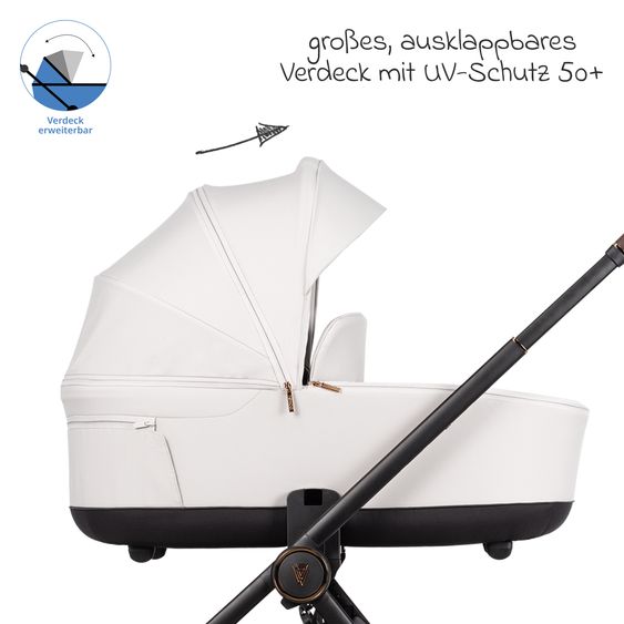 Venicci 2in1 Kombi-Kinderwagen Claro bis 22 kg mit Babywanne, Sportsitz, Teleskopschieber, Liegeposition inkl. Regenschutz, Beindecke & Wickeltasche mit Wickeunterlage - Vanilla