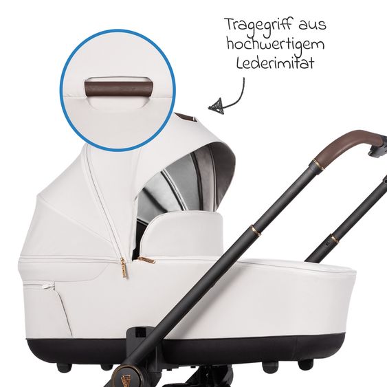 Venicci 2in1 Kombi-Kinderwagen Claro bis 22 kg mit Babywanne, Sportsitz, Teleskopschieber, Liegeposition inkl. Regenschutz, Beindecke & Wickeltasche mit Wickeunterlage - Vanilla