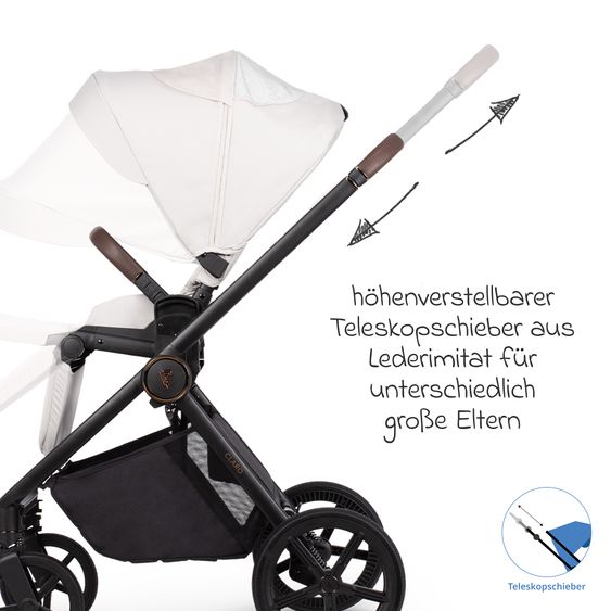 Venicci 2in1 Kombi-Kinderwagen Claro bis 22 kg mit Babywanne, Sportsitz, Teleskopschieber, Liegeposition inkl. Regenschutz, Beindecke & Wickeltasche mit Wickeunterlage - Vanilla