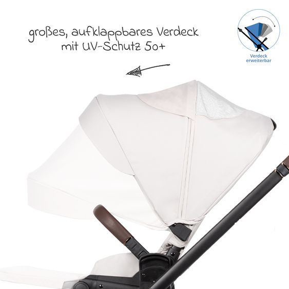 Venicci 2in1 Kombi-Kinderwagen Claro bis 22 kg mit Babywanne, Sportsitz, Teleskopschieber, Liegeposition inkl. Regenschutz, Beindecke & Wickeltasche mit Wickeunterlage - Vanilla