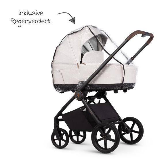 Venicci 2in1 Kombi-Kinderwagen Claro bis 22 kg mit Babywanne, Sportsitz, Teleskopschieber, Liegeposition inkl. Regenschutz, Beindecke & Wickeltasche mit Wickeunterlage - Vanilla