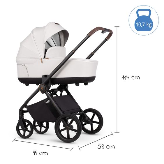 Venicci 2in1 Kombi-Kinderwagen Claro bis 22 kg mit Babywanne, Sportsitz, Teleskopschieber, Liegeposition inkl. Regenschutz, Beindecke & Wickeltasche mit Wickeunterlage - Vanilla