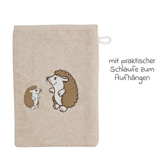 Wörner 2-tlg. Bade-Set - Kapuzen-Badetuch & Waschhandschuh - Igel - Greige Eisblau