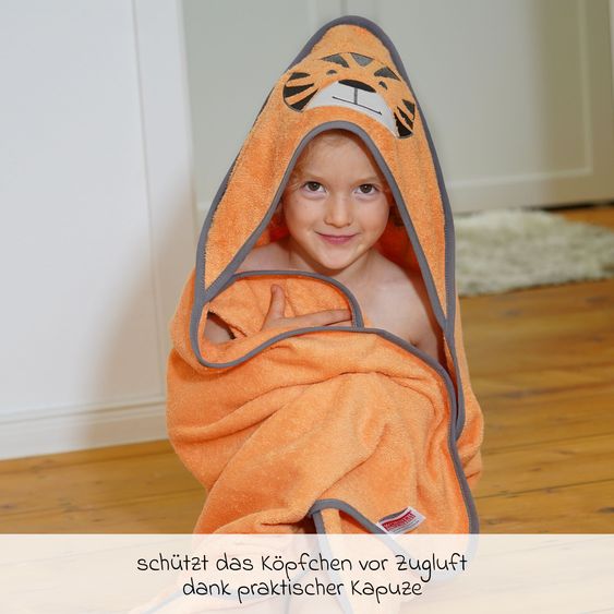 Wörner 2-tlg. Bade-Set Kapuzenbadetuch inkl. Waschhandschuh 80 x 80 cm - Stickerei Tiger - Orange