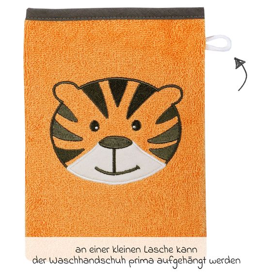 Wörner 2-tlg. Bade-Set Kapuzenbadetuch inkl. Waschhandschuh 80 x 80 cm - Stickerei Tiger - Orange