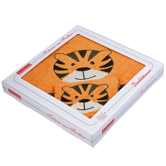 Wörner 2-tlg. Bade-Set Kapuzenbadetuch inkl. Waschhandschuh 80 x 80 cm - Stickerei Tiger - Orange