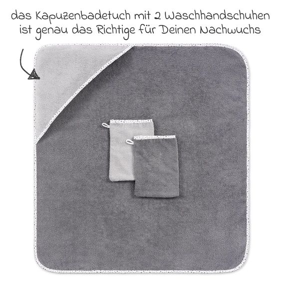 Wörner Set da bagno 3 pezzi - telo da bagno con cappuccio incl. 2 guanti da lavaggio 80 x 80 cm - grigio stelle