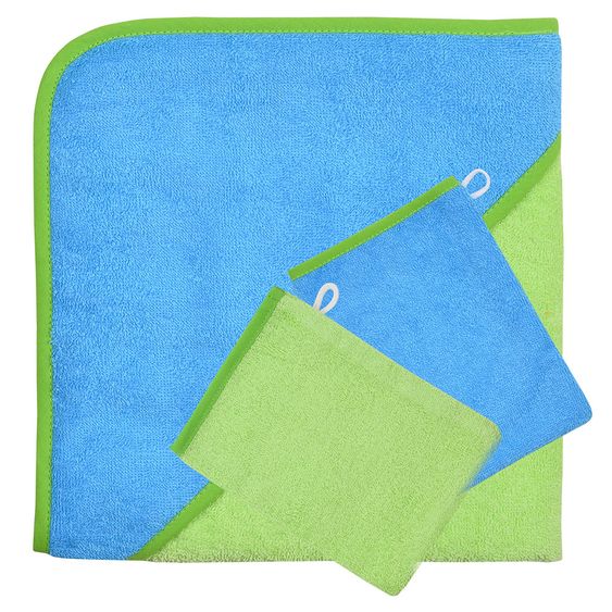 Wörner 3-tlg. Bade-Set - Kapuzenbadetuch inkl. 2 Waschhandschuhe 80 x 80 cm - Ozean Limone