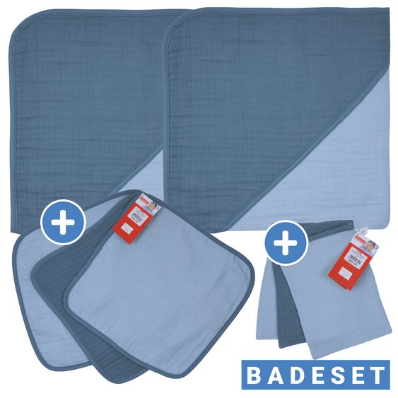 Wörner 8-tlg. Bade-Set Mull - 2 Kapuzenbadetücher + 3 Waschhandschuhe + 3 Waschtücher - Hellblau Dunkelblau