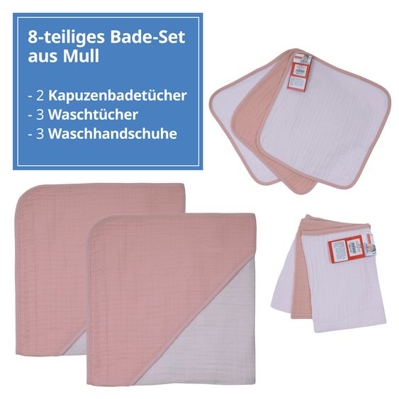 Wörner 8-tlg. Bade-Set Mull - 2 Kapuzenbadetücher + 3 Waschhandschuhe + 3 Waschtücher - Lachsrosa Erika