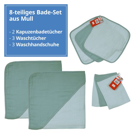 Wörner 8-tlg. Bade-Set Mull - 2 Kapuzenbadetücher + 3 Waschhandschuhe + 3 Waschtücher - Mint Eisblau