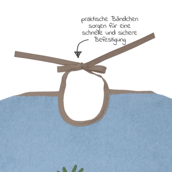 Wörner Ärmel-Lätzchen aus Bio-Baumwolle 68 x 34 cm - Stickerei Dino - Hellblau