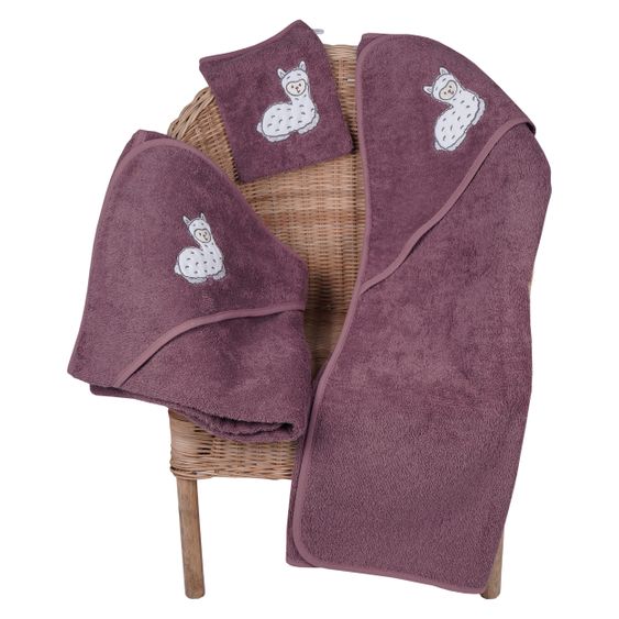 Wörner Hooded bath towel 100 x 100 cm - embroidery llama - mauve