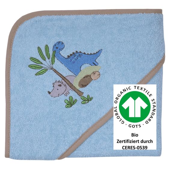 Wörner Kapuzenbadetuch aus Bio-Baumwolle 80 x 80 cm - Stickerei Dino - Hellblau