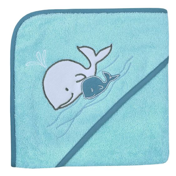 Wörner Hooded bath towel GOTS 80 x 80 cm - whale family - crystal blue